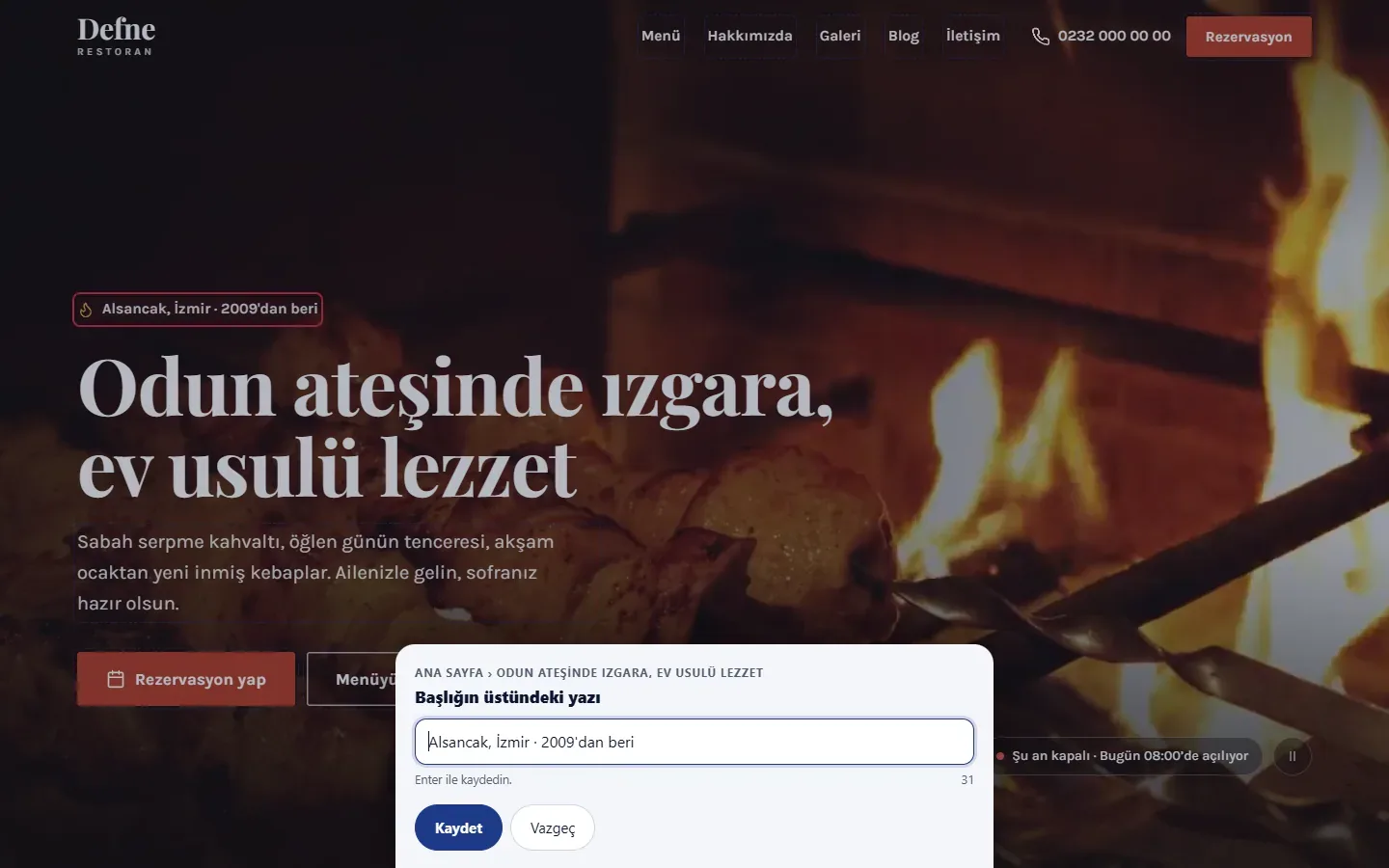 Sitenin üstünde düzenleme penceresi