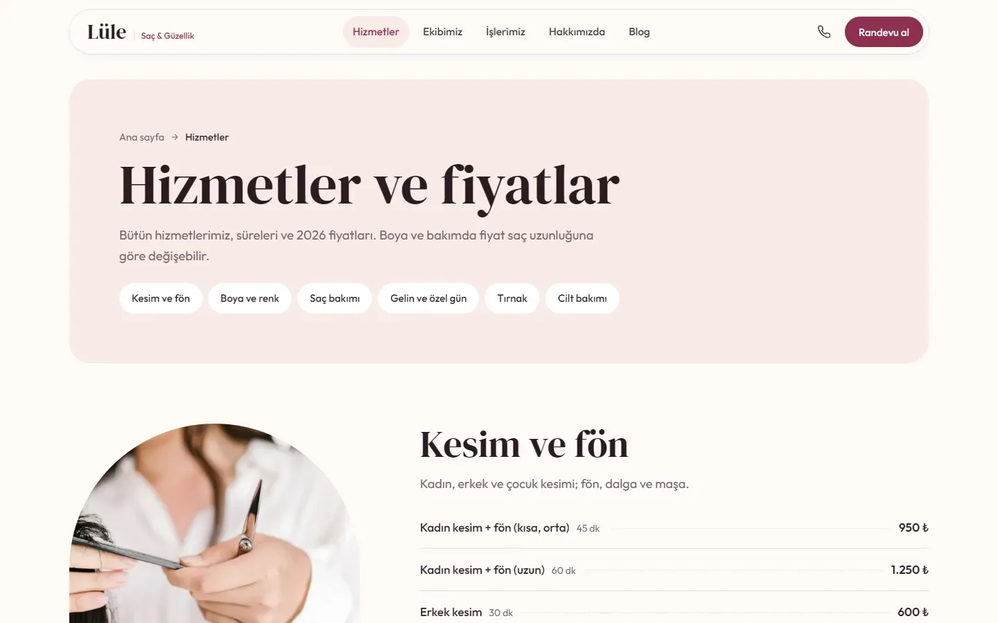 Bloom temasında hizmetler sayfası