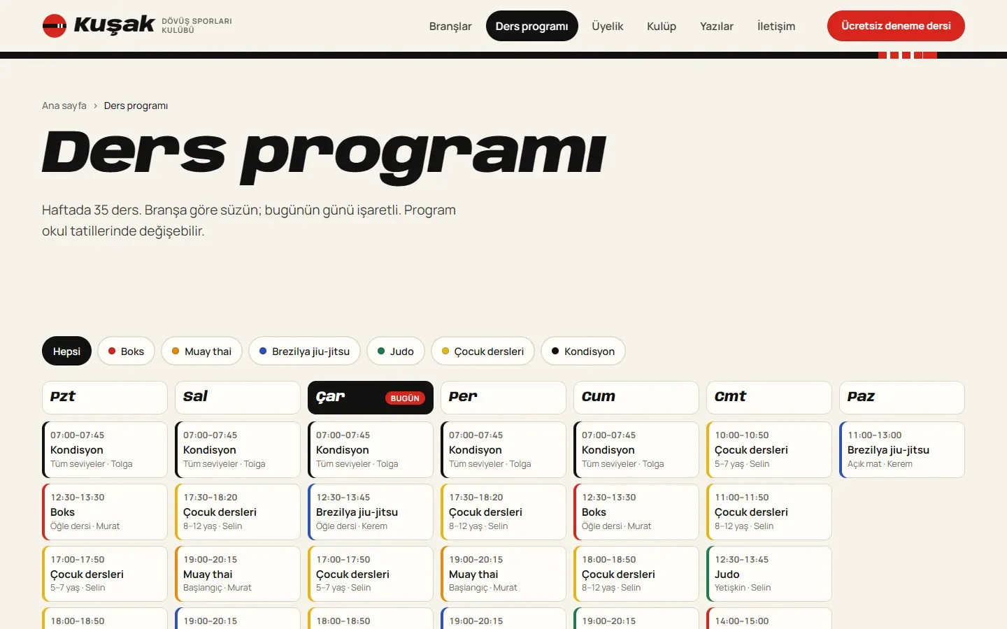 Dojo temasında ders programı sayfası