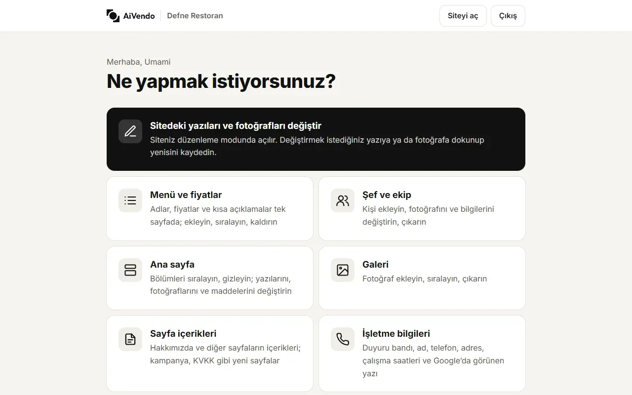 AiVendo panelinin ana ekranı