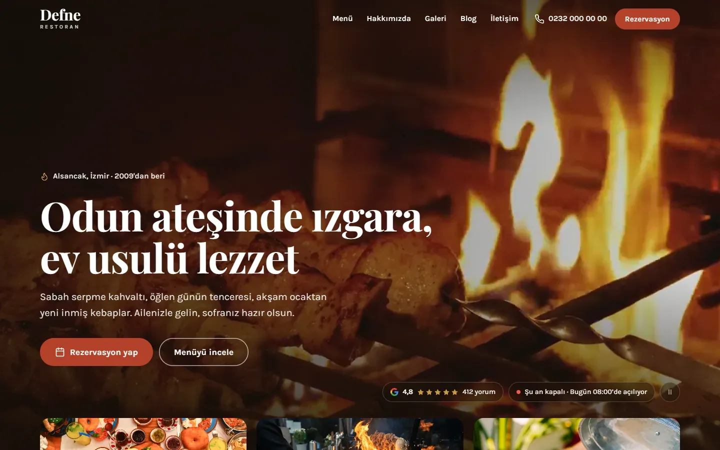 Bir restoran sitesinin ana sayfası
